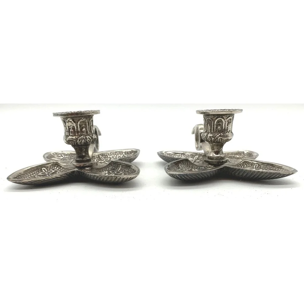 Vintage Silver Flower Chamberstick Candle Holder Pair Hollywood Regency Taper